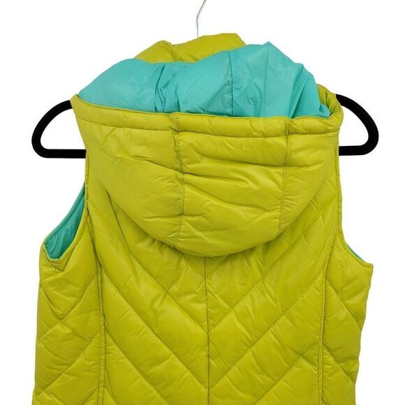 Tek Gear Puffer Vest M Chartreuse Quilted Contrasting Hood Zip Pockets Gorpcore - Picture 8 of 12